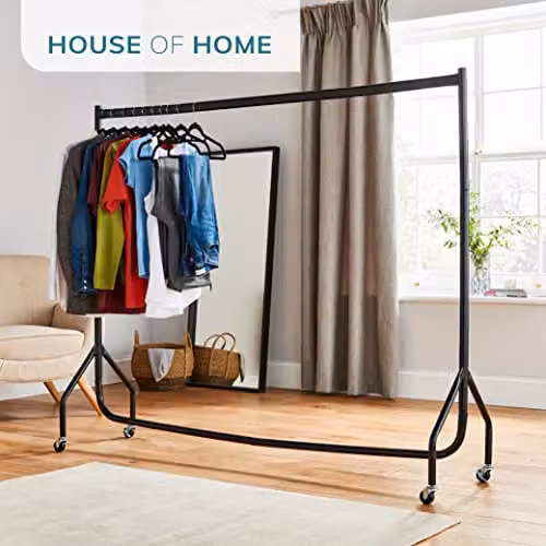 House of Home Heavy Duty Single Tier Clothes Rail with Wheels, Black, H: 150 cm, W: 95 cm, D: 46.5 cm – 2
