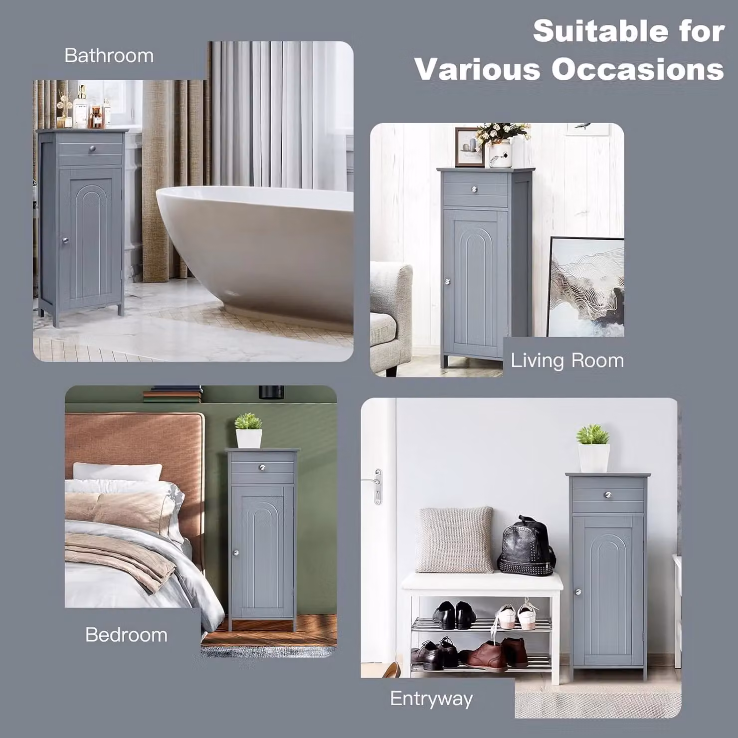 Gymax Grey Freestanding Bathroom Floor Cabinet with Adjustable Shelves and Drawers – 5