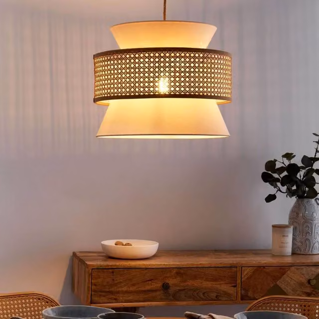 Wyld and Coco Boho Rattan Pendant Lamp in Beige with Fabric Shade – 1