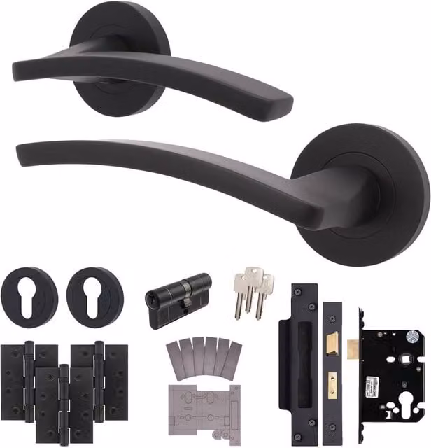 AFIT Black Fire Door Handle, Euro Lock Cylinder and Hinges Set in Matt Black