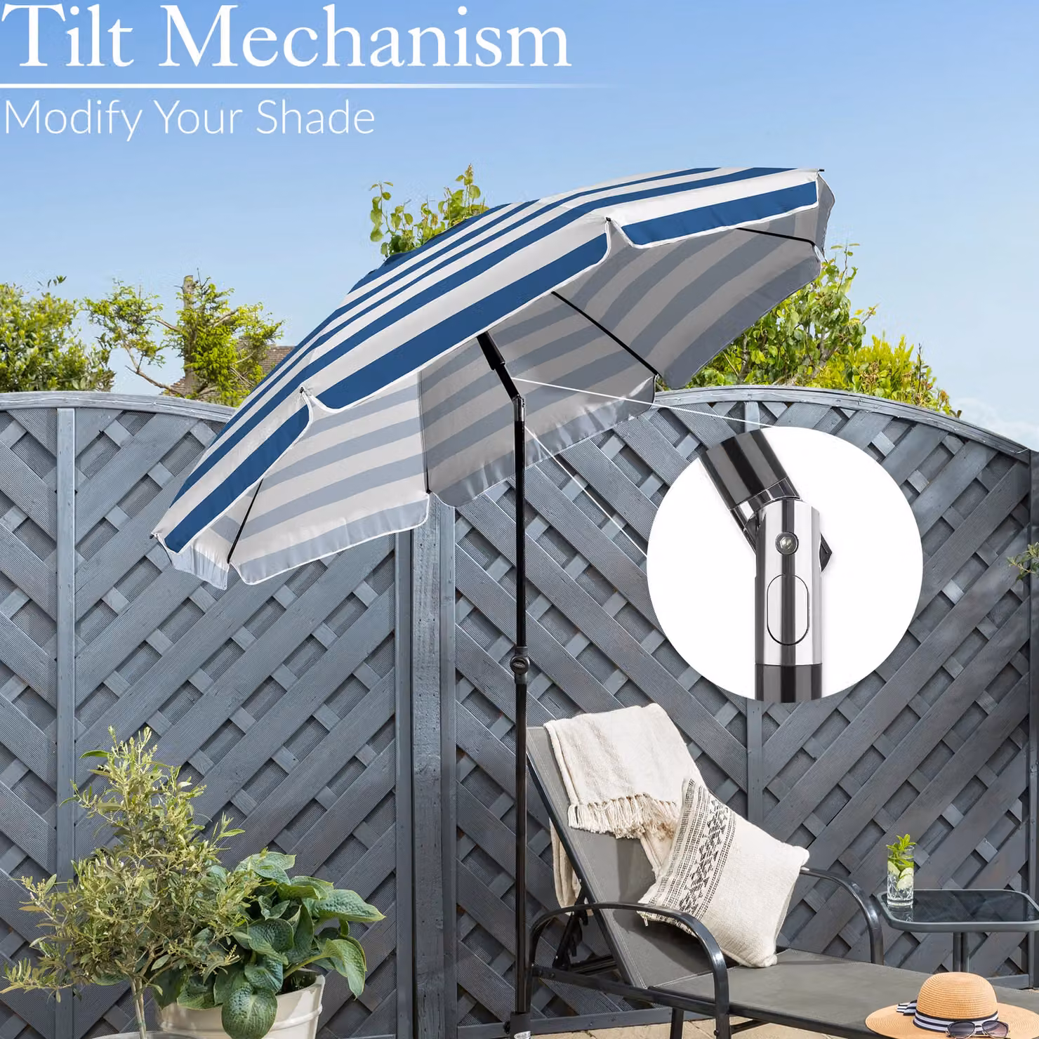 Christow Portable Beach Garden Parasol with Bag, Blue and White Stripes, 2m – 3