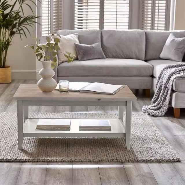 FurnitureboxUK Eden Farmhouse Rectangular Coffee Table in White, Beige and Grey, Width: 60 cm