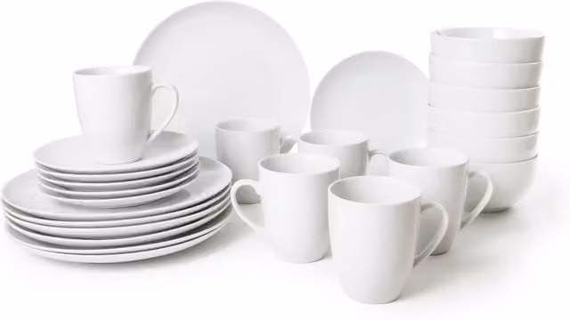 Simpa 24-Piece White Porcelain Dinnerware Set including 6 Dinner Plates, 6 Side Plates, 6 Bowls and 6 Mugs