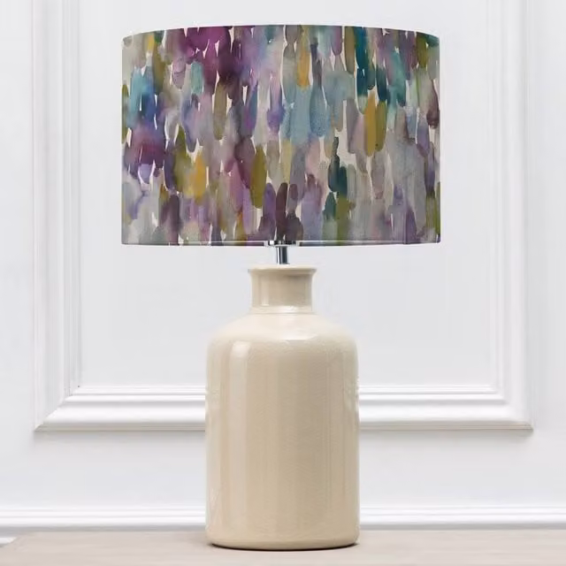 Voyage Maison Elspeth Ceramic Table Lamp with Multicolour Hedgerow Eva Fabric Cylinder Lampshade in Beige