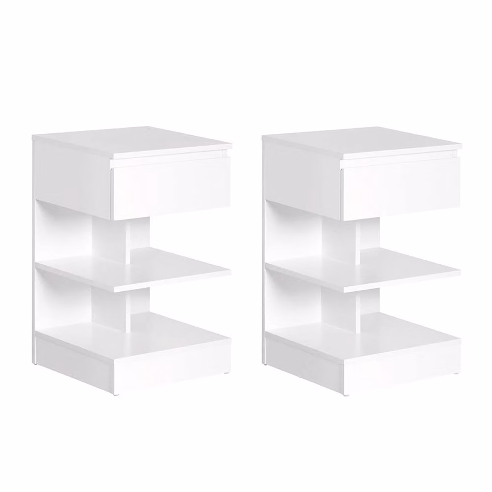 SoBuy Set of 2 Modern Nightstands in White with 1 Drawer and 2 Shelves, Height: 65 cm – 2