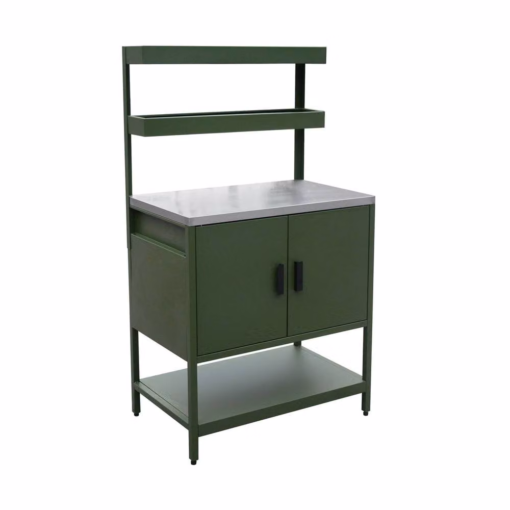 sweeek Steel Outdoor Kitchen in Green with 2 Hanging Shelves and 2 Doors, W: 80 cm – 2