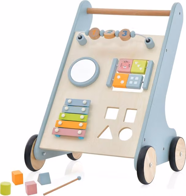 Costway Blue Wooden Push Along Baby Walker with Music