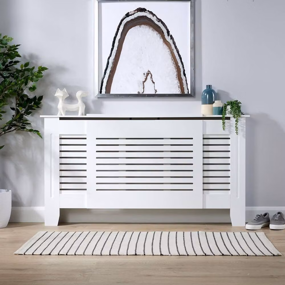 FORGEVIO Adjustable Slatted Radiator Cover in White MDF, W/D/H: 140 x 21.5 x 81.5 cm – 2