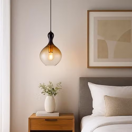 Globo Lighting Aladdin Modern Dome Pendant Light in Black and Gold with Amber Glass Shade, Diameter: 23 cm – 3