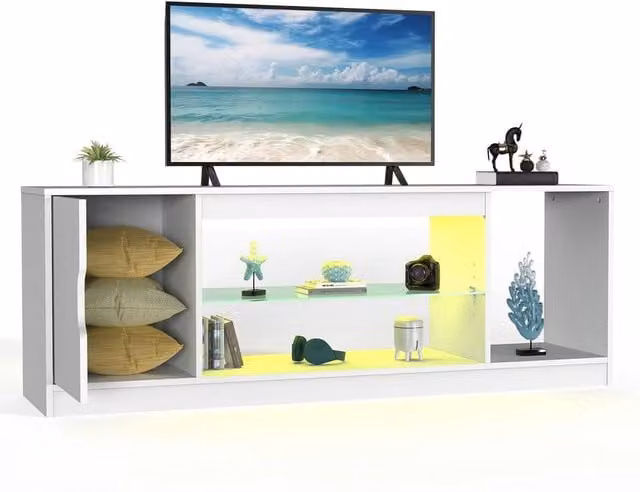 FLAVORA Modern White Glossy LED TV Stand Cabinet Unit with Integrated Lighting W/D/H: 52.5 x 36 x 36 cm