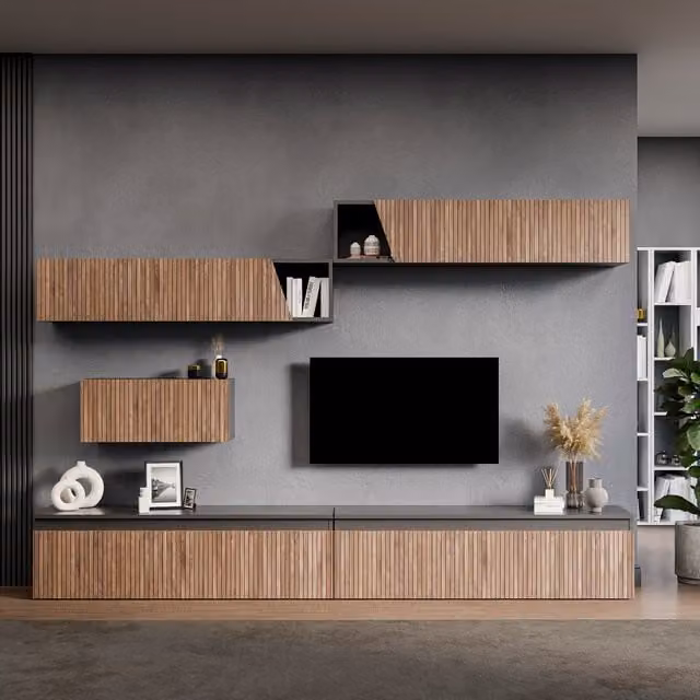 Decorotika Bristol Wall Mounted Scandinavian Geometric Entertainment Center in Black and Brown Wood