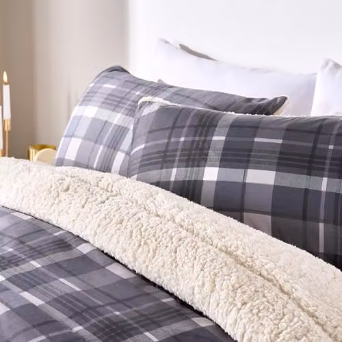 OHS Grey Tartan Check Sherpa Reversible 10.5 Tog Coverless Duvet with Pillowcases, W/D/H: 135 x 200 cm – 2