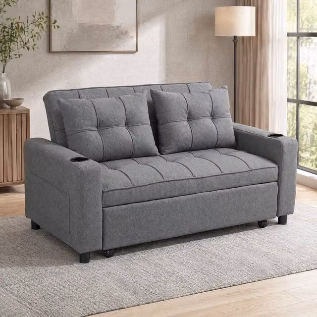 STILVORA 2 Seater Pull-Out Sofa Bed in Grey Fabric with Adjustable Headrest and Cup Holders – 1