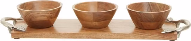 Orsina Vine Round Acacia Wood Serving Bowl Set with Handles in Brown and Sand – 1