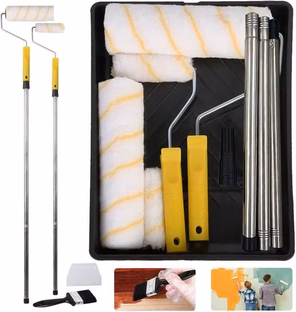 Hinsinc Paint Roller Set with Extension Pole, Tray, Brush and Sleeves in Yellow, White and Multicolour