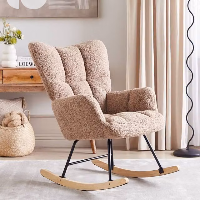 Wyld and Coco Sand Beige Boucle Rocking Chair with Rubberwood Frame – 1