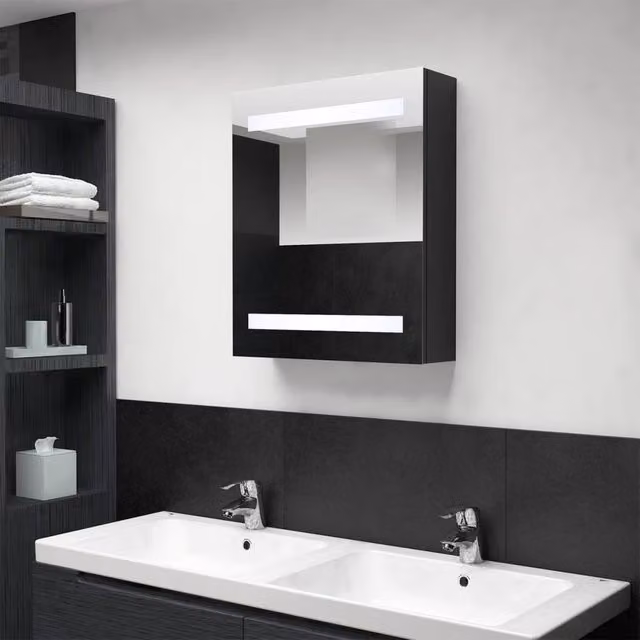 Berkfield Home LED Bathroom Mirror Cabinet in Black, W: 50 cm, D: 14 cm, H: 60 cm