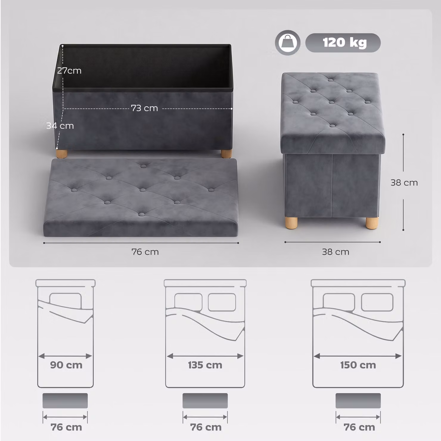HOMCOM Grey Velvet Upholstered Foldable Storage Ottoman Bench with Wood Legs – 3