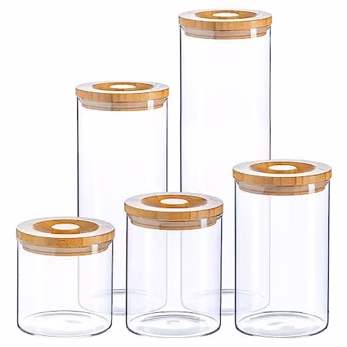 Argon Tableware Scandi Airtight Glass Storage Jar Set with Solid Wood Lids, 5 Pieces, Transparent