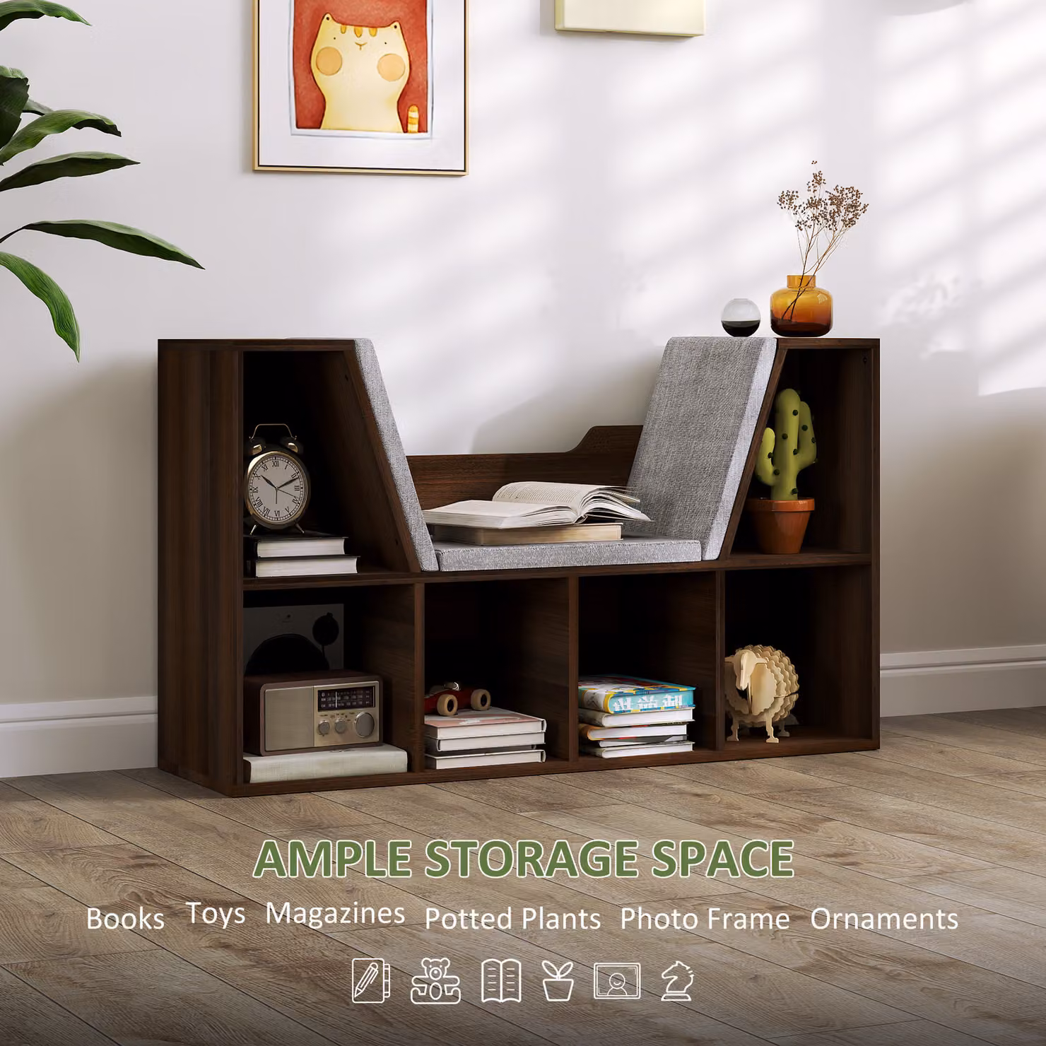HOMCOM Cube Bookshelf Organizer with Cushioned Reading Seat in Chestnut Brown – 4