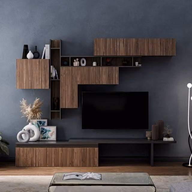 Decorotika Modern Abstract Maastricht Wall Mounted Entertainment Center in Black and Brown MDF