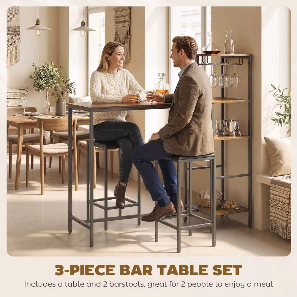 HOMCOM 3 Piece Breakfast Bar Table and Stools Set with 4-Tier Shelving in Rustic Brown – 3
