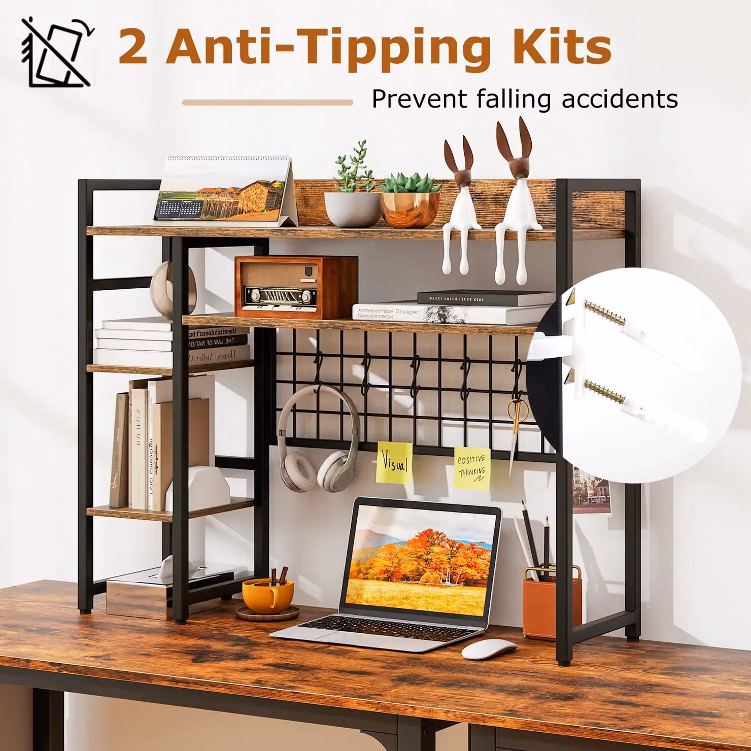 Gymax 4-Tier Desktop Display Rack with Metal Grid Panel in Brown – 6