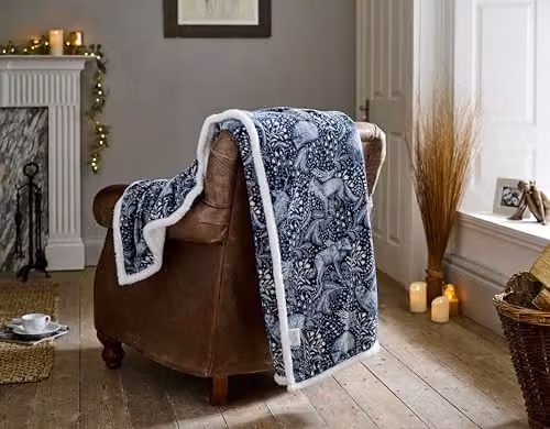 Deyongs Woodland Folk Sherpa Fleece Throw Blanket, Reversible Navy Blue, W/D/H: 140 x 180 cm