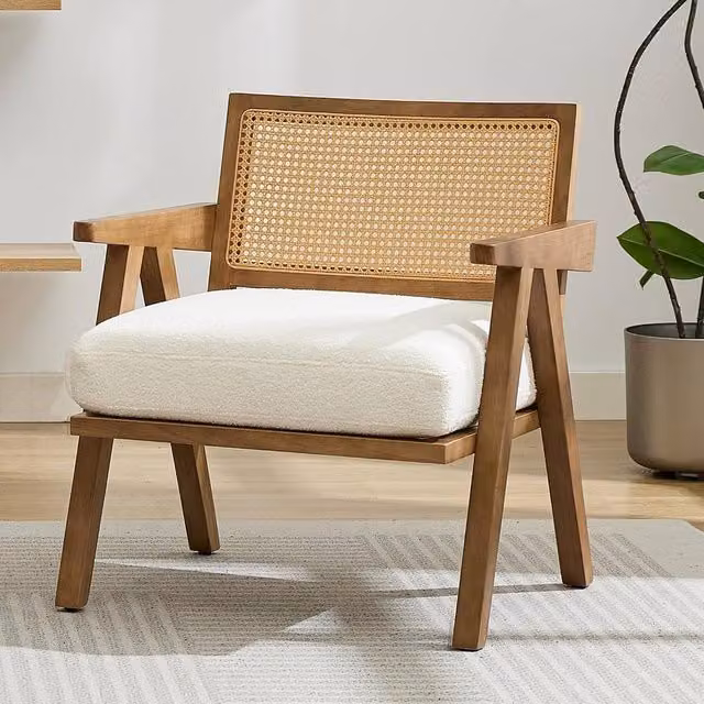London Boutique Off-White Rattan Accent Armchair with Bouclé Fabric Upholstery and Solid Wood Frame – 1