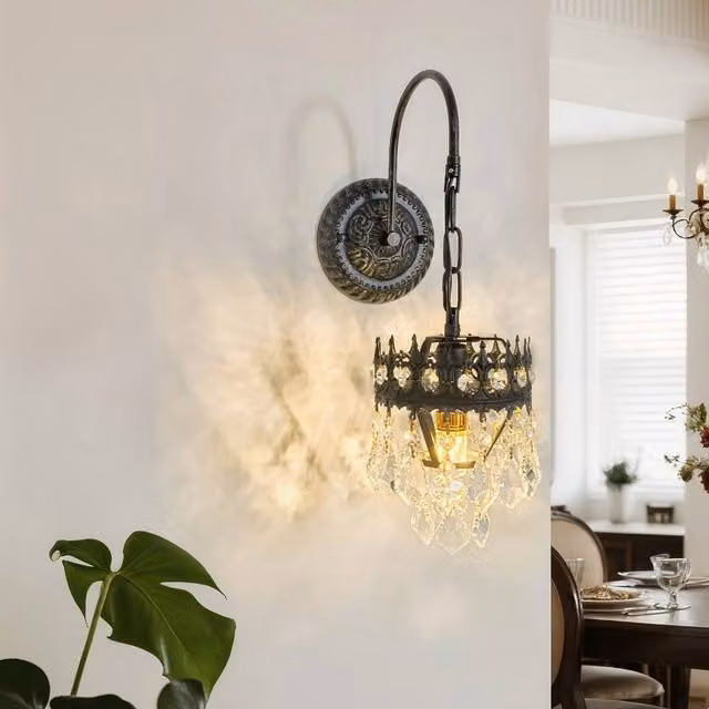 NESTLUNE Palace Crystal Wall Lamp in Black and Gold/Brass for your Bedroom
