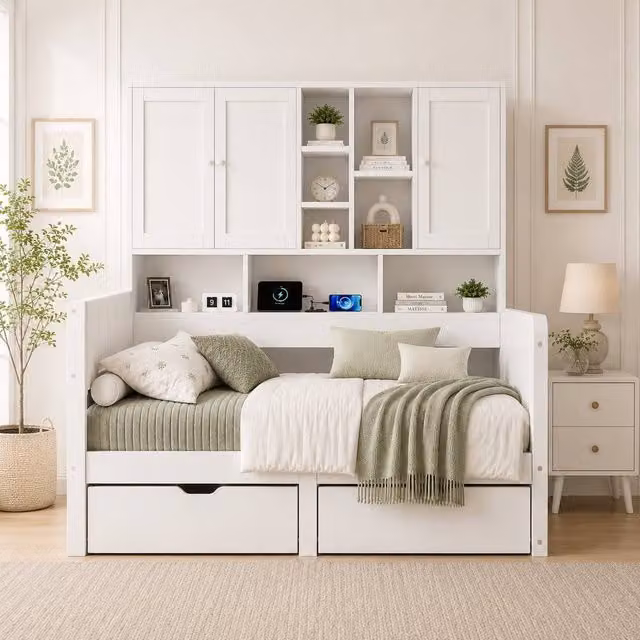 Merax White Single Cabin Storage Bed with Overbed Cabinets and Drawers, W/D/H: 90 x 190 x 114.5 cm
