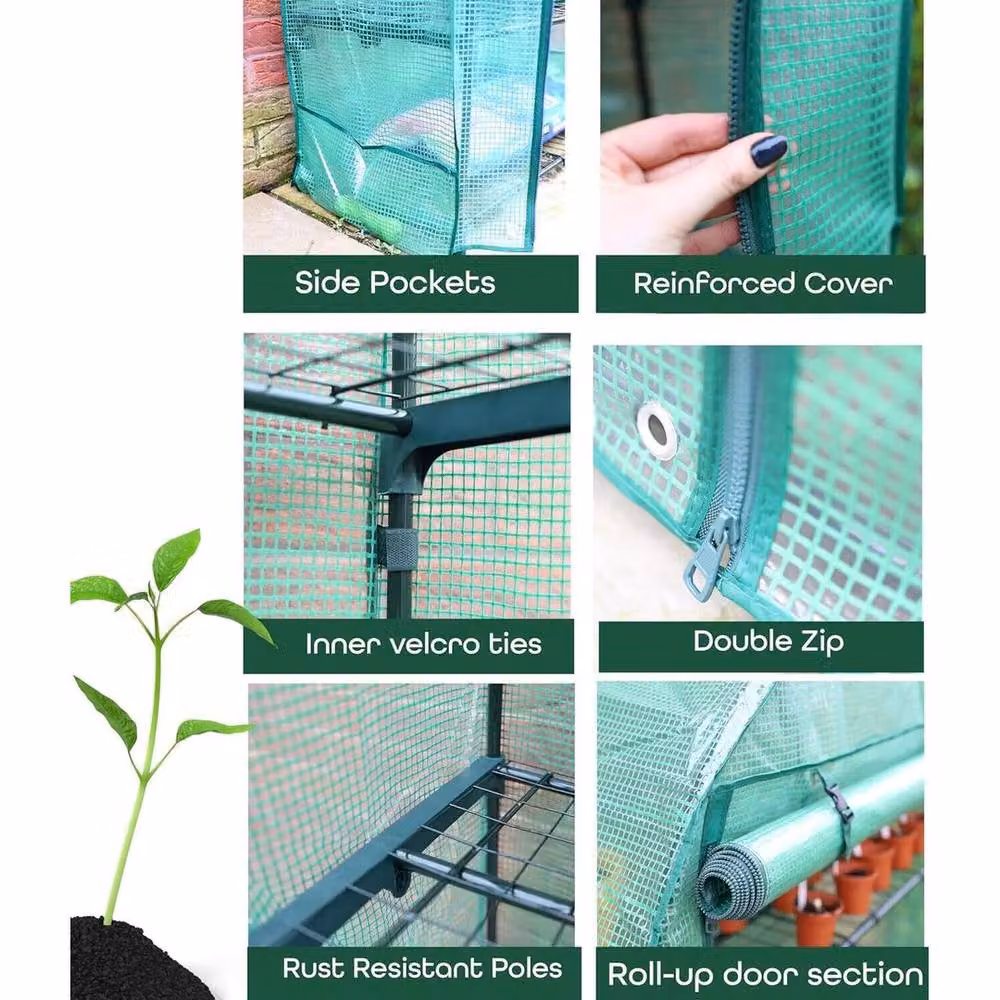 NESTLUNE 4 Tier Wide Greenhouse with Frame and Roll Up Zip Cover, Green, W: 100 cm, D: 15 cm – 4