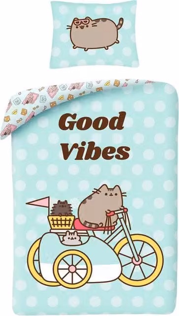 Pusheen Good Vibes Cotton Duvet Cover and Pillowcase Set in Green, White and Pink, W/D/H: 140 x 200 cm and 50 x 70 cm