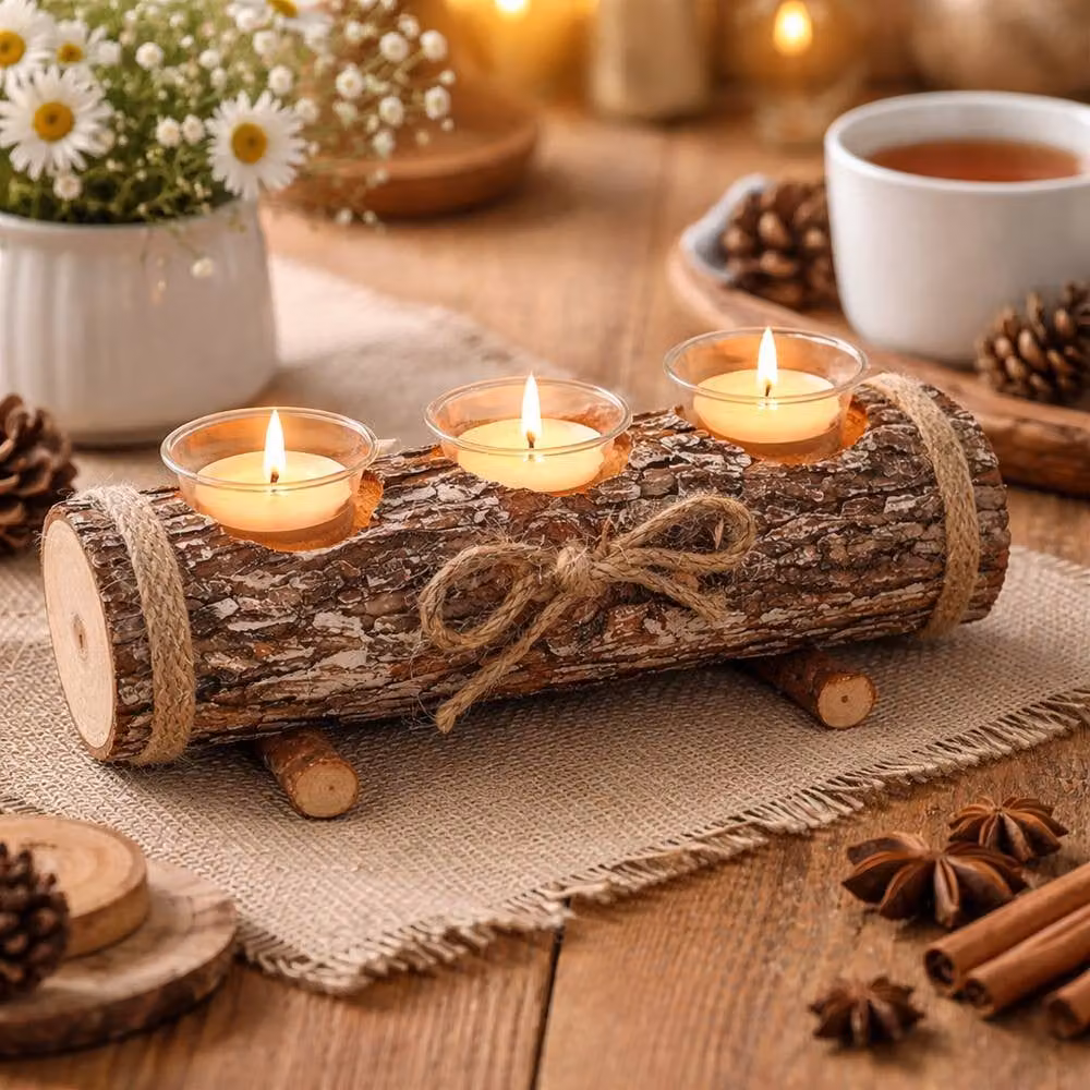 HomeZone Rustic Wood Effect Triple Tealight Candle Holder in Brown with 3 Glass Cups and Tealights Included – 3