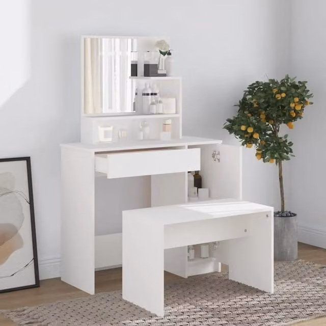 Berkfield Home Modern Dressing Table Set in White, W/D/H: 86.5 x 35 x 136 cm