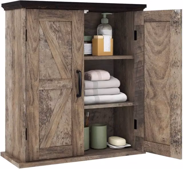 EONLION Brown Rustic Farmhouse Wall Mounted Bathroom and Kitchen Medicine Cabinet with Hinged Doors and Internal Shelves – 1