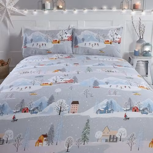 Rapport Home Winter Town Christmas Duvet Cover Set with Pillowcases in Silver and Multicolour, Reversible Microfibre Polycotton, W/D/H: 200 x 200 cm, Pillowcases: 50 x 75 cm – 2
