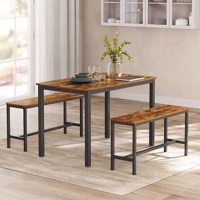 VASAGLE 3 Piece Industrial Style Dining Table and Benches Set in Dark Brown