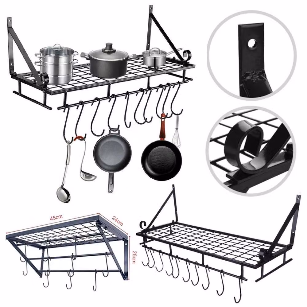 KORVIXA Wall Mounted Metal Kitchen Pan and Pot Rack in Black, W: 60 cm – 3