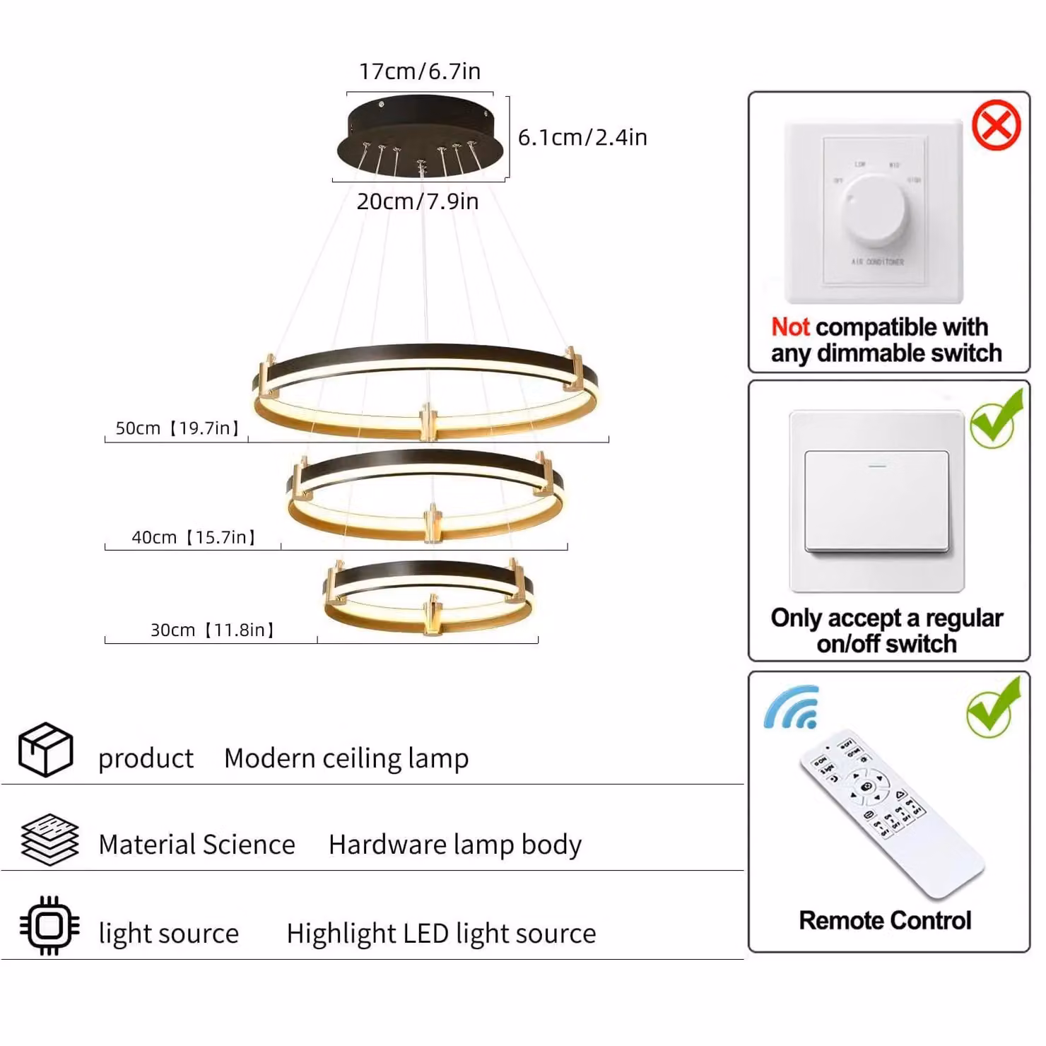 Garwarm Modern 3-Ring 90W Black Acrylic Dimmable LED Suspended Pendant Light with Remote Control – 4
