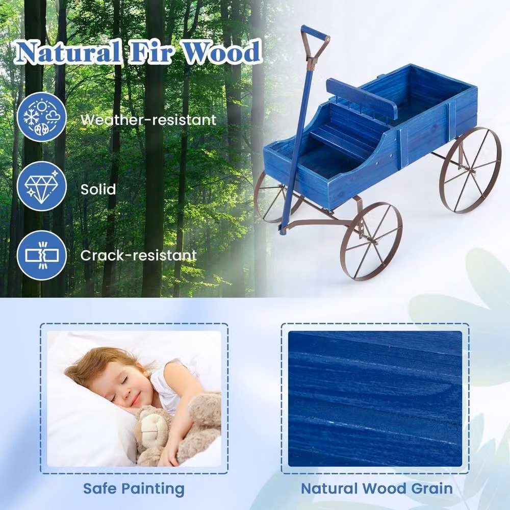 Gymax Blue Wood and Metal Decorative Wagon Flower Planter with Wheels, W/D/H: 62 x 34 x 60 cm – 7