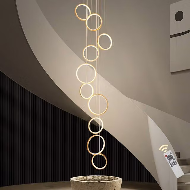 NIVOR 10 Ring LED High Ceiling Chandelier in Gold with Remote and Dimmable Control