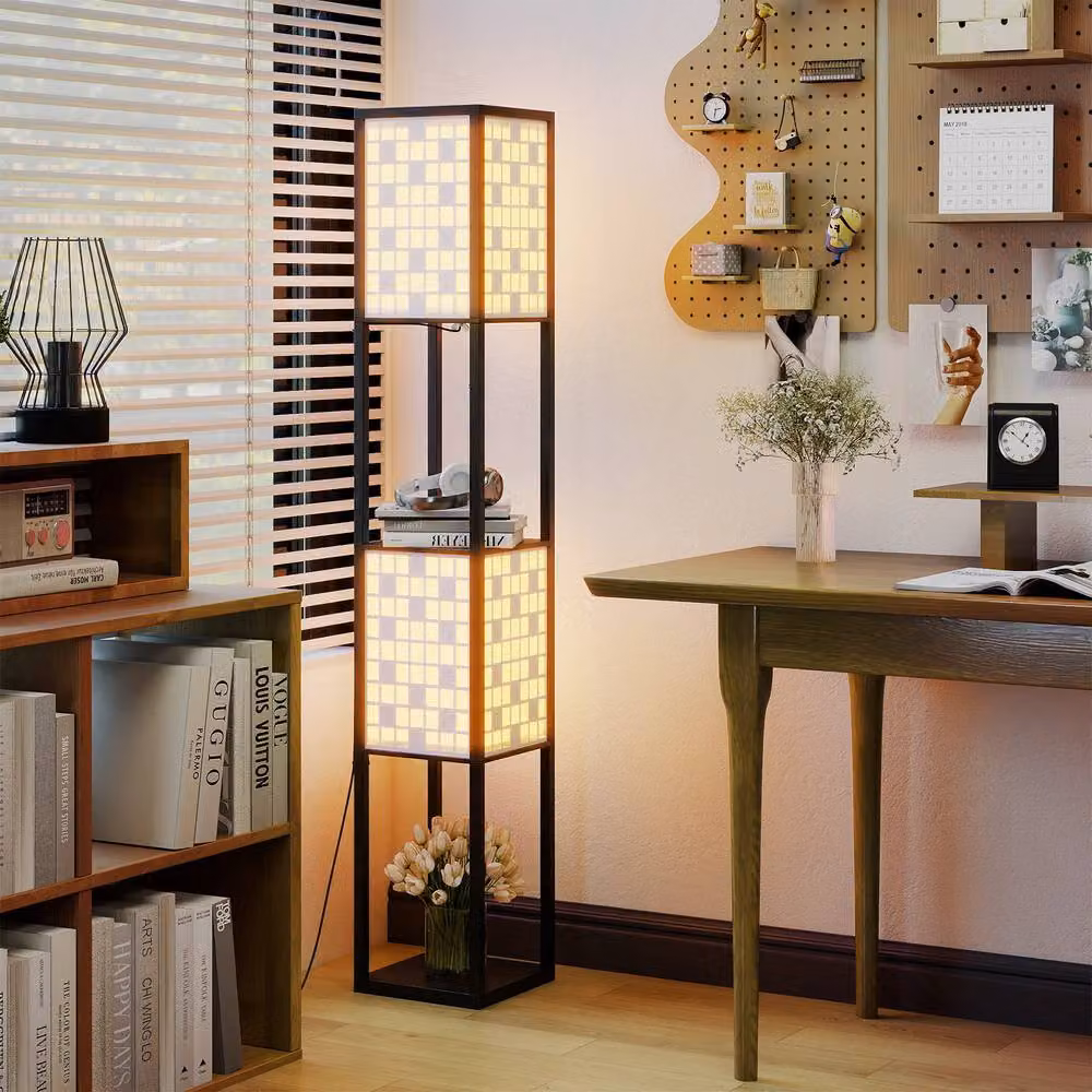 Costway 2-Light Wooden Floor Lamp with Shelves in Brown – 4
