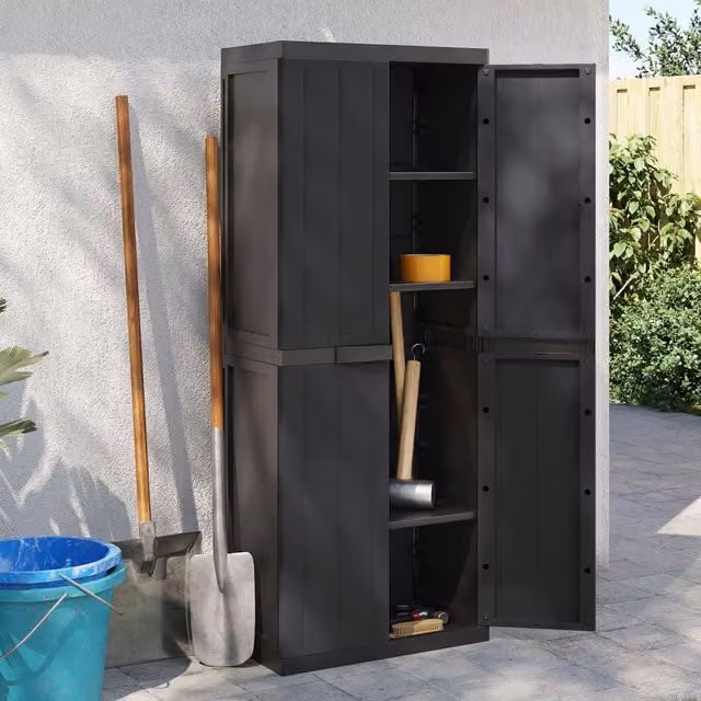 Berkfield Home Black Plastic Outdoor Storage Cabinet with Hinged Doors and Internal Shelves, W/D/H: 65 x 37 x 165 cm – 1