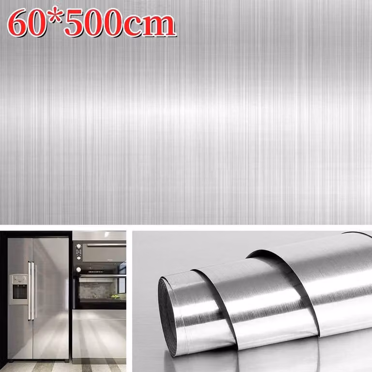 KORVIXA Self Adhesive Brushed Stainless Steel Contact Paper Film, Silver, W: 52 cm, H: 500 cm