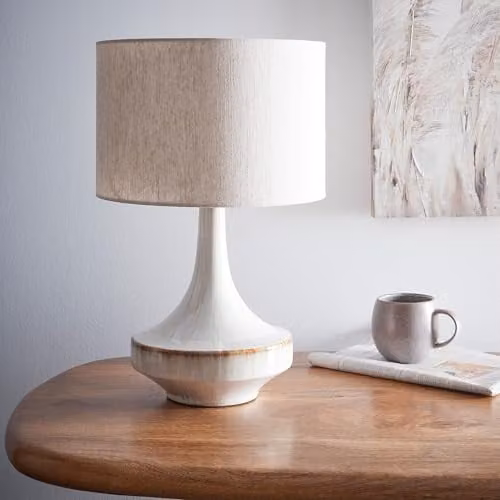 K LIVING Porto Ceramic Table Lamp in Beige with Fabric Shade, Height: 47.5 cm
