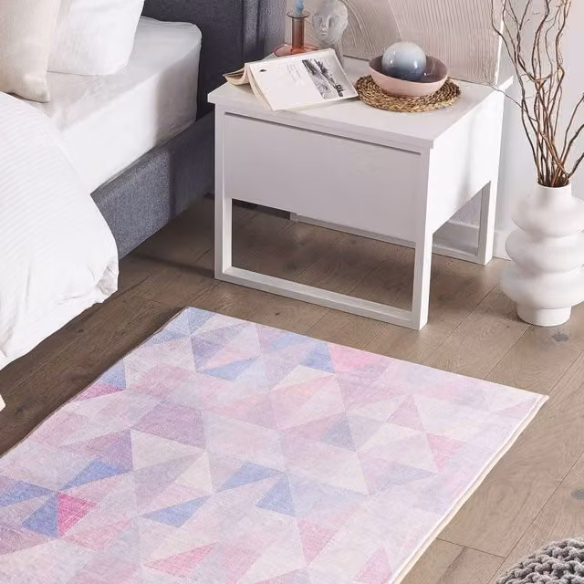 Wyld and Coco Geometric Area Rug in Blue, Grey, Pink and Multicolour, W: 80 cm, L: 150 cm