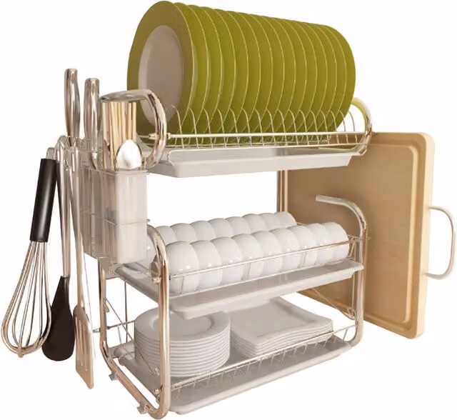 HomeScape 3-Tier Dish Drainer Kitchen Storage Rack and Drying Stand with Drip Tray, White