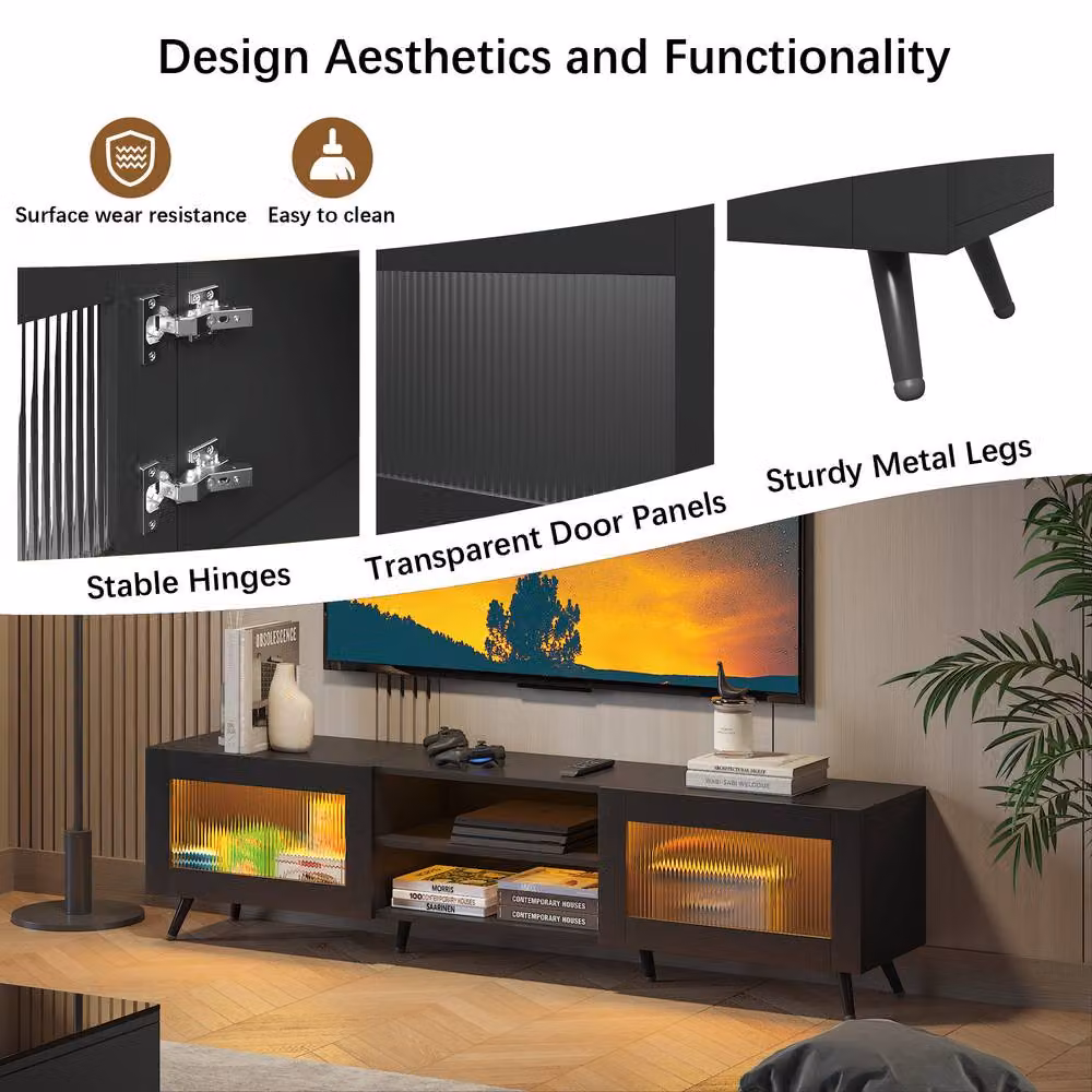 KEEPREAPER Stylish Black TV Stand with Transparent Acrylic Doors for 32-70 Inch TVs – 8