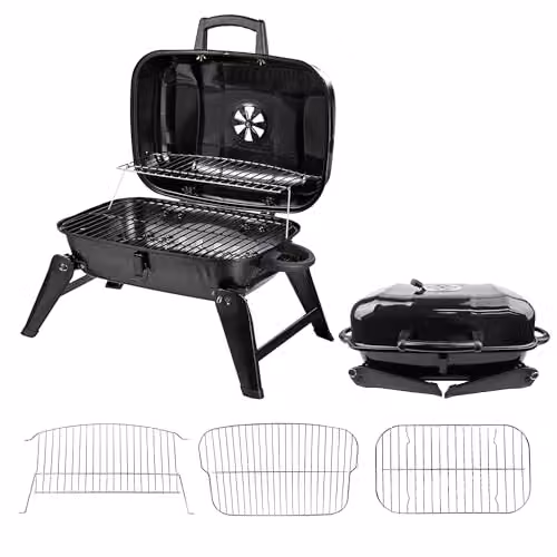 Alivio Portable Charcoal BBQ Grill with Lid, Compact Folding Tabletop Barbecue in Black